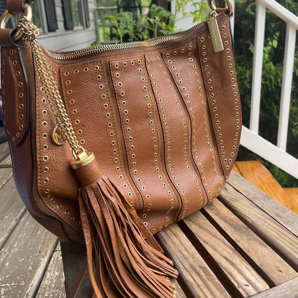 Michael Kors Medium Brooklyn DARK CARAMEL Grommeted Leather Suede Hobo Bag